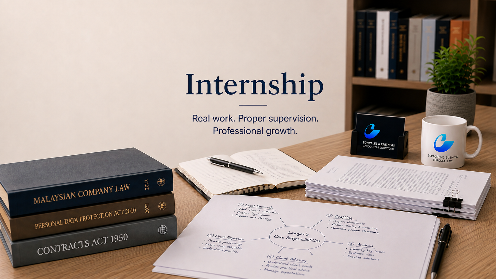 A desk at Edwin Lee & Partners with Malaysian statutes, a bundle of documents and a hand-drawn diagram of responsible AI principles.