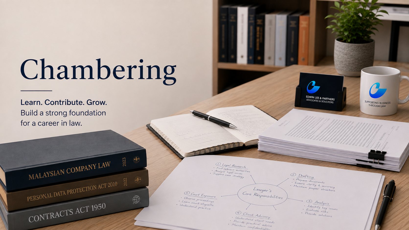 A desk at Edwin Lee & Partners with Malaysian statutes, a bundle of documents and a hand-drawn diagram of a lawyer's core responsibilities.