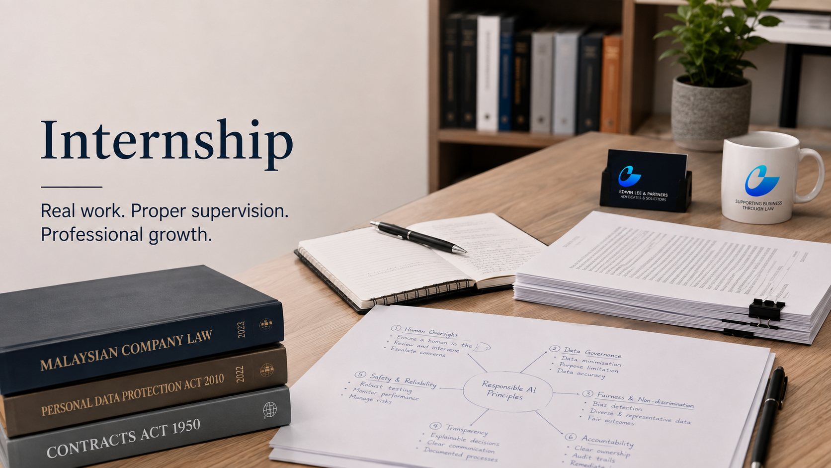 A desk at Edwin Lee & Partners with Malaysian statutes, a bundle of documents and a hand-drawn diagram of responsible AI principles.